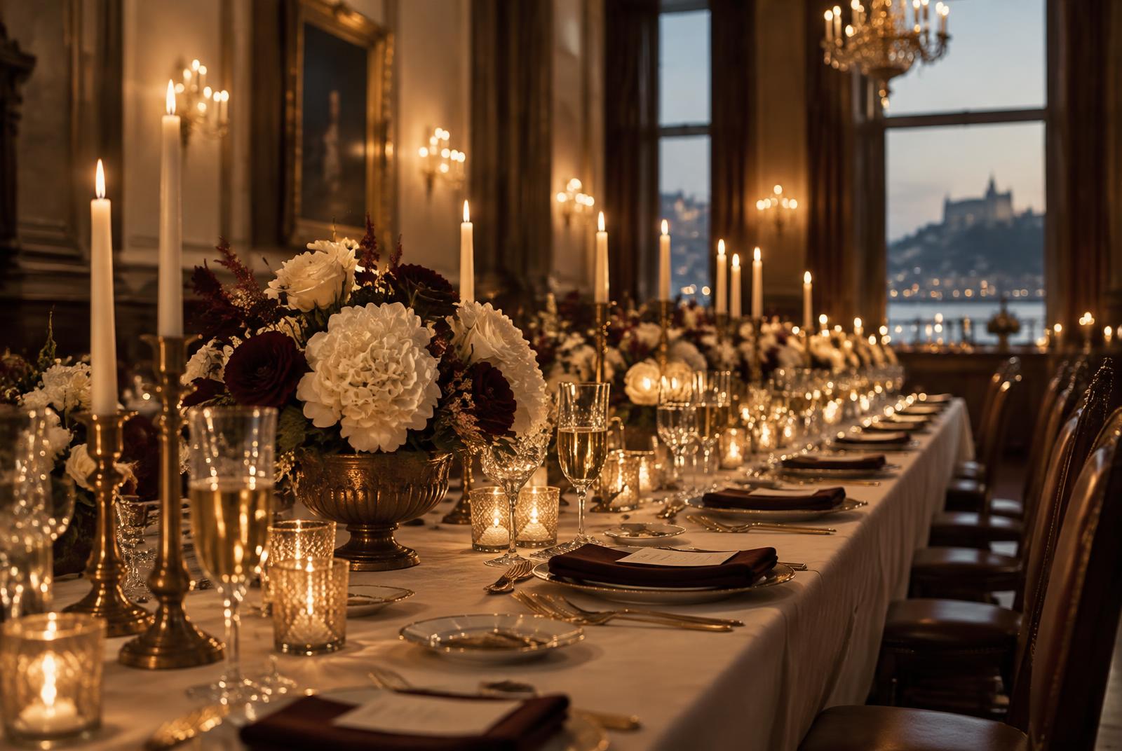 Elegant langbord dekket til middag med levende lys, champagneglass og blomster