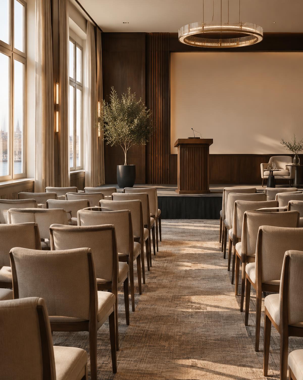 Lyst konferanselokale med stolrader og talerstol